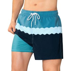 imageBRISIRA Mens Swim Trunks 5 inch Swim Shorts Quick Dry Stretch Bathing Suits with Compression Liner Board Shorts PocketsStripe Darkblue