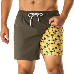 imageBRISIRA Mens Swim Trunks with Printed Compression Liner 5in Bathing Suit Quick Dry Beach Swimsuit Board Shorts PocketsArmyyellow Palmtree