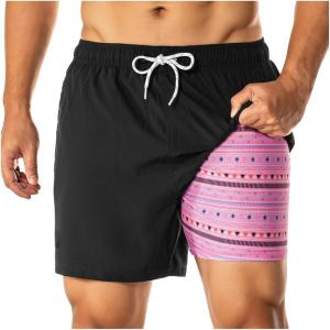 imageBRISIRA Mens Swim Trunks with Printed Compression Liner 5in Bathing Suit Quick Dry Beach Swimsuit Board Shorts PocketsBlackpink Geometric