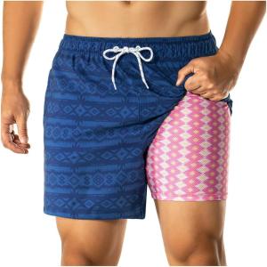imageBRISIRA Mens Swim Trunks with Printed Compression Liner 5in Bathing Suit Quick Dry Beach Swimsuit Board Shorts PocketsBlue Geometricpink Flowers