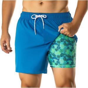 imageBRISIRA Mens Swim Trunks with Printed Compression Liner 5in Bathing Suit Quick Dry Beach Swimsuit Board Shorts PocketsDarkbluegreen Tropical