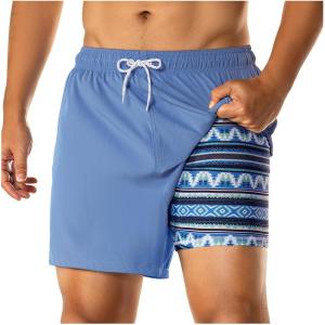 imageBRISIRA Mens Swim Trunks with Printed Compression Liner 5in Bathing Suit Quick Dry Beach Swimsuit Board Shorts PocketsDustybluestriped Paisley