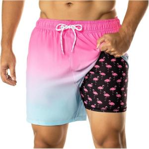 imageBRISIRA Mens Swim Trunks with Printed Compression Liner 5in Bathing Suit Quick Dry Beach Swimsuit Board Shorts PocketsPink Blueblack Flamingo