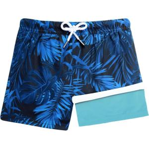 image:imageBRISIRA Boys Swim Trunks with Compression Liner Youth Bathing Suit Quick Dry AntiChafe Swimsuit Swim Shorts Kid Toddler TeenBlue Tropical