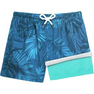 image:imageBRISIRA Boys Swim Trunks with Compression Liner Youth Bathing Suit Quick Dry AntiChafe Swimsuit Swim Shorts Kid Toddler TeenGreen Tropical