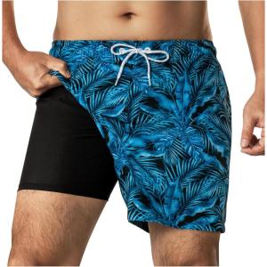 image:imageBRISIRA Mens Swim Trunks 5 Inch Compression Liner Beach Swim Shorts Bathing Suit Quick Dry 4Way Stretch PocketsDarkblue Tropical