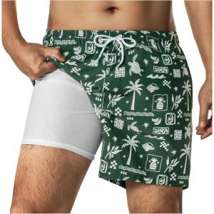 image:imageBRISIRA Mens Swim Trunks 5 Inch Compression Liner Beach Swim Shorts Bathing Suit Quick Dry 4Way Stretch PocketsGreen Hawaiian Print