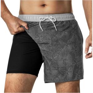 image:imageBRISIRA Mens Swim Trunks 5 Inch Compression Liner Beach Swim Shorts Bathing Suit Quick Dry 4Way Stretch PocketsGrey Palmleaves