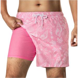 image:imageBRISIRA Mens Swim Trunks 5 Inch Compression Liner Beach Swim Shorts Bathing Suit Quick Dry 4Way Stretch PocketsPink Ocean