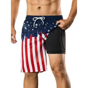 image:imageBRISIRA Mens Swim Trunks 9 Compression Liner Long Board Shorts Swim Shorts Bathing Suit Swimsuit Beach AntiChafe Quick DryAmerican Flag