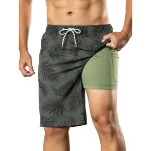 image:imageBRISIRA Mens Swim Trunks 9 Compression Liner Long Board Shorts Swim Shorts Bathing Suit Swimsuit Beach AntiChafe Quick DryArmy Green Leaves
