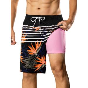image:imageBRISIRA Mens Swim Trunks 9 Compression Liner Long Board Shorts Swim Shorts Bathing Suit Swimsuit Beach AntiChafe Quick DryBlack Leaf Stripes