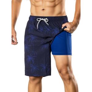 image:imageBRISIRA Mens Swim Trunks 9 Compression Liner Long Board Shorts Swim Shorts Bathing Suit Swimsuit Beach AntiChafe Quick DryNavy Coconut Trees