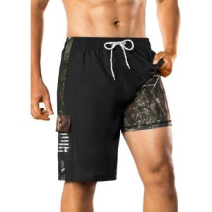 image:imageBRISIRA Mens Swim Trunks 9 Inch Long Board Shorts with Compression Liner SideampCargo Pockets Bathing Suit Beach Quick DryBlack Usa Flagleaf