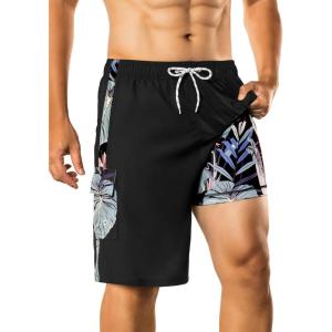 image:imageBRISIRA Mens Swim Trunks 9 Inch Long Board Shorts with Compression Liner SideampCargo Pockets Bathing Suit Beach Quick DryBlackgreen Leaf