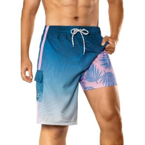 image:imageBRISIRA Mens Swim Trunks 9 Inch Long Board Shorts with Compression Liner SideampCargo Pockets Bathing Suit Beach Quick DryBlue Gradientpink Leaf