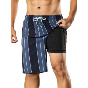 image:imageBRISIRA Mens Swim Trunks Bathing Suit 9 Inch Inseam Compression Liner Long Board Shorts Beach Swimsuit Swimwear Quick DryBlackblue Stripes