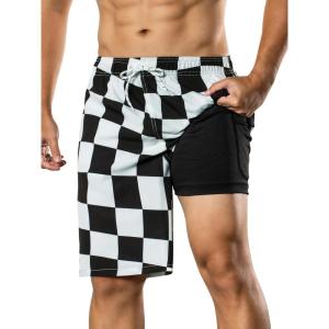 image:imageBRISIRA Mens Swim Trunks Bathing Suit 9 Inch Inseam Compression Liner Long Board Shorts Beach Swimsuit Swimwear Quick DryBlackwhite Blocks