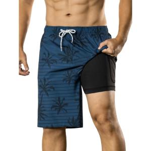 image:imageBRISIRA Mens Swim Trunks Bathing Suit 9 Inch Inseam Compression Liner Long Board Shorts Beach Swimsuit Swimwear Quick DryBlue Stripe Coconut Tree