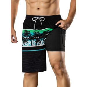 image:imageBRISIRA Mens Swim Trunks Bathing Suit 9 Inch Inseam Compression Liner Long Board Shorts Beach Swimsuit Swimwear Quick DryCoconuttree Silhouette