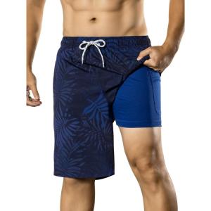 image:imageBRISIRA Mens Swim Trunks Bathing Suit 9 Inch Inseam Compression Liner Long Board Shorts Beach Swimsuit Swimwear Quick DryDarkblue Palm