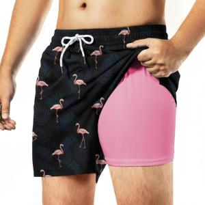 image:imageBRISIRA Mens Swim Trunks Bathing Suit 5 Inch Inseam Compression Liner Beach Swim Shorts Swimwear Quick Dry Zipper PocketBlack Leafflamingo
