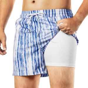 image:imageBRISIRA Mens Swim Trunks Bathing Suit 5 Inch Inseam Compression Liner Beach Swim Shorts Swimwear Quick Dry Zipper PocketBluewhite Tiedye