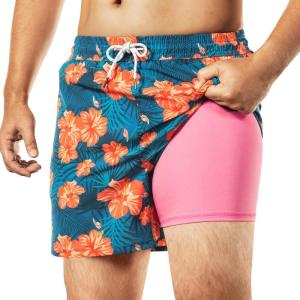 image:imageBRISIRA Mens Swim Trunks Bathing Suit 5 Inch Inseam Compression Liner Beach Swim Shorts Swimwear Quick Dry Zipper PocketDenimblue Yellowfloral