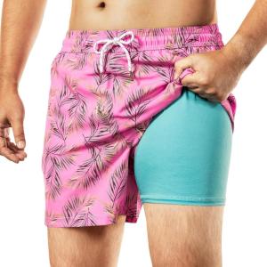 image:imageBRISIRA Mens Swim Trunks Bathing Suit 5 Inch Inseam Compression Liner Beach Swim Shorts Swimwear Quick Dry Zipper PocketPink Leaves