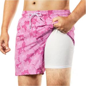 image:imageBRISIRA Mens Swim Trunks Bathing Suit 5 Inch Inseam Compression Liner Beach Swim Shorts Swimwear Quick Dry Zipper PocketPinkgradient Floral