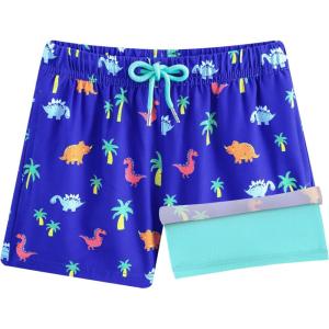 image:imageBRISIRA Boys Swim Trunks with Compression Liner Youth Bathing Suit Quick Dry AntiChafe Swimsuit Swim Shorts Kid Toddler TeenBlue Dinosaurcoconuttree