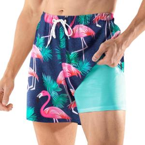 image:imageBRISIRA Mens Swim Trunks 5 Inch Quick Dry Bathing Suit with Compression Liner Beach Swimsuit Board Shorts PocketsBlue Flamingoleaf