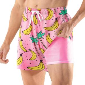 image:imageBRISIRA Mens Swim Trunks 5 Inch Quick Dry Bathing Suit with Compression Liner Beach Swimsuit Board Shorts PocketsPink Bananatree