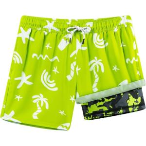 image:imageBRISIRA Boys Swim Trunks with Printed Compression Liner 516Y Bathing Suit Swim Shorts Swimsuit AntiChafe Youth Kids TeenFluorescent Greencamo