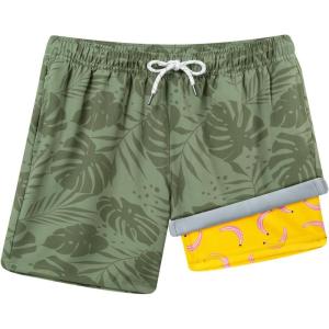 image:imageBRISIRA Boys Swim Trunks with Printed Compression Liner 516Y Bathing Suit Swim Shorts Swimsuit AntiChafe Youth Kids TeenGreen Tropical Leafyellow Banana