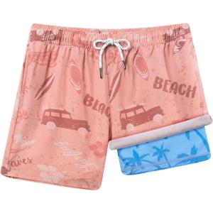 image:imageBRISIRA Boys Swim Trunks with Printed Compression Liner 516Y Bathing Suit Swim Shorts Swimsuit AntiChafe Youth Kids TeenPeach Pink Carblue Tree
