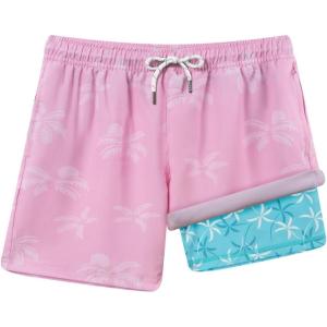 image:imageBRISIRA Boys Swim Trunks with Printed Compression Liner 516Y Bathing Suit Swim Shorts Swimsuit AntiChafe Youth Kids TeenPinkblue Palm Tree