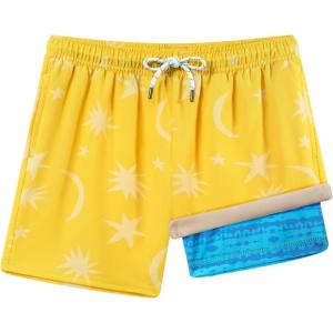 image:imageBRISIRA Boys Swim Trunks with Printed Compression Liner 516Y Bathing Suit Swim Shorts Swimsuit AntiChafe Youth Kids TeenYellow Moonblue Geometric
