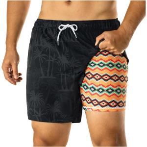 image:imageBRISIRA Mens Swim Trunks 5 Inch Compression Liner Beach Swim Shorts Bathing Suit Quick Dry 4Way Stretch PocketsBlack Treeorange Paisley