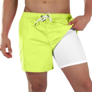 image:imageBRISIRA Mens Swim Trunks Neon 5 Bathing Suit Compression Liner Nylon Swim Shorts Beach Swimsuit Swimwear Quick Dry PocketsBrightyellow