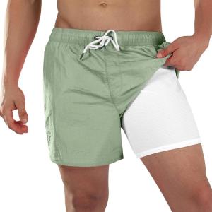 image:imageBRISIRA Mens Swim Trunks Neon 5 Bathing Suit Compression Liner Nylon Swim Shorts Beach Swimsuit Swimwear Quick Dry PocketsLightgreen