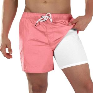 image:imageBRISIRA Mens Swim Trunks Neon 5 Bathing Suit Compression Liner Nylon Swim Shorts Beach Swimsuit Swimwear Quick Dry PocketsLightpink