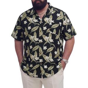 image:imageBRISIRA Big and Tall Hawaiian Shirts for Men 100 Cotton Casual Summer Beach Short Sleeve Vacation Aloha Button Down ShirtBlack Tropical Leaf