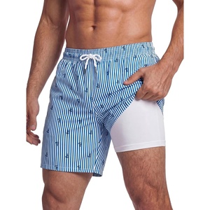 image:imageBRISIRA Mens Swim Trunks Swim Shorts 7 inch Compression Liner Bathing Suit Beach Shorts Swimwear Stretch Quick Dry PocketsBlue White Stripe Anchor